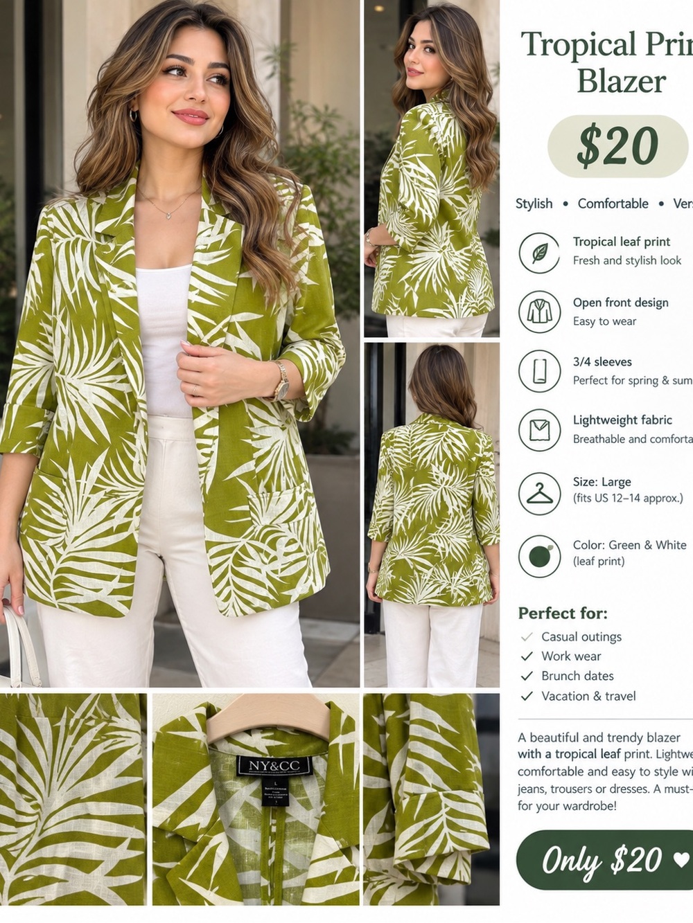 New York & Company Olive Green & White Tropical Print Coverup Blazer